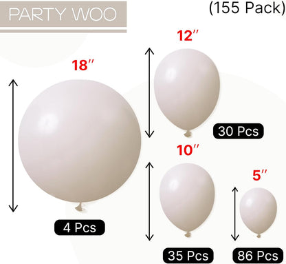 PartyWoo White Sand Balloons - 155-Piece Boho Neutral Balloon Arch Kit for Weddings & Parties | 5-18 Inch