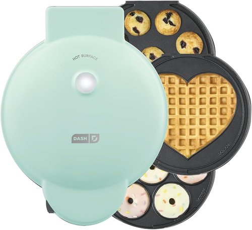 Dash MultiMaker® Treat Maker System - Create Mini Donuts, Cupcakes & Heart-Shaped Waffles - Aqua, Easy-Clean Design