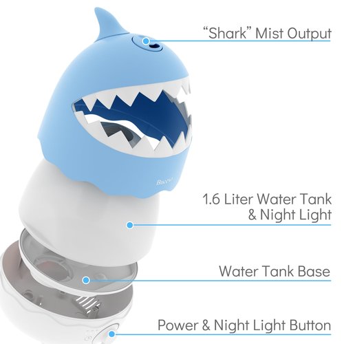 Bucexo Humidifiers for Baby Bedroom, Cool Mist Humidifier for Kids Nursery, Air Humidifier with Essential Oil Diffuser and Night Light, Timer, BPA Free, 1.6L, Up to 40Hours, Shark, Ideal for baby