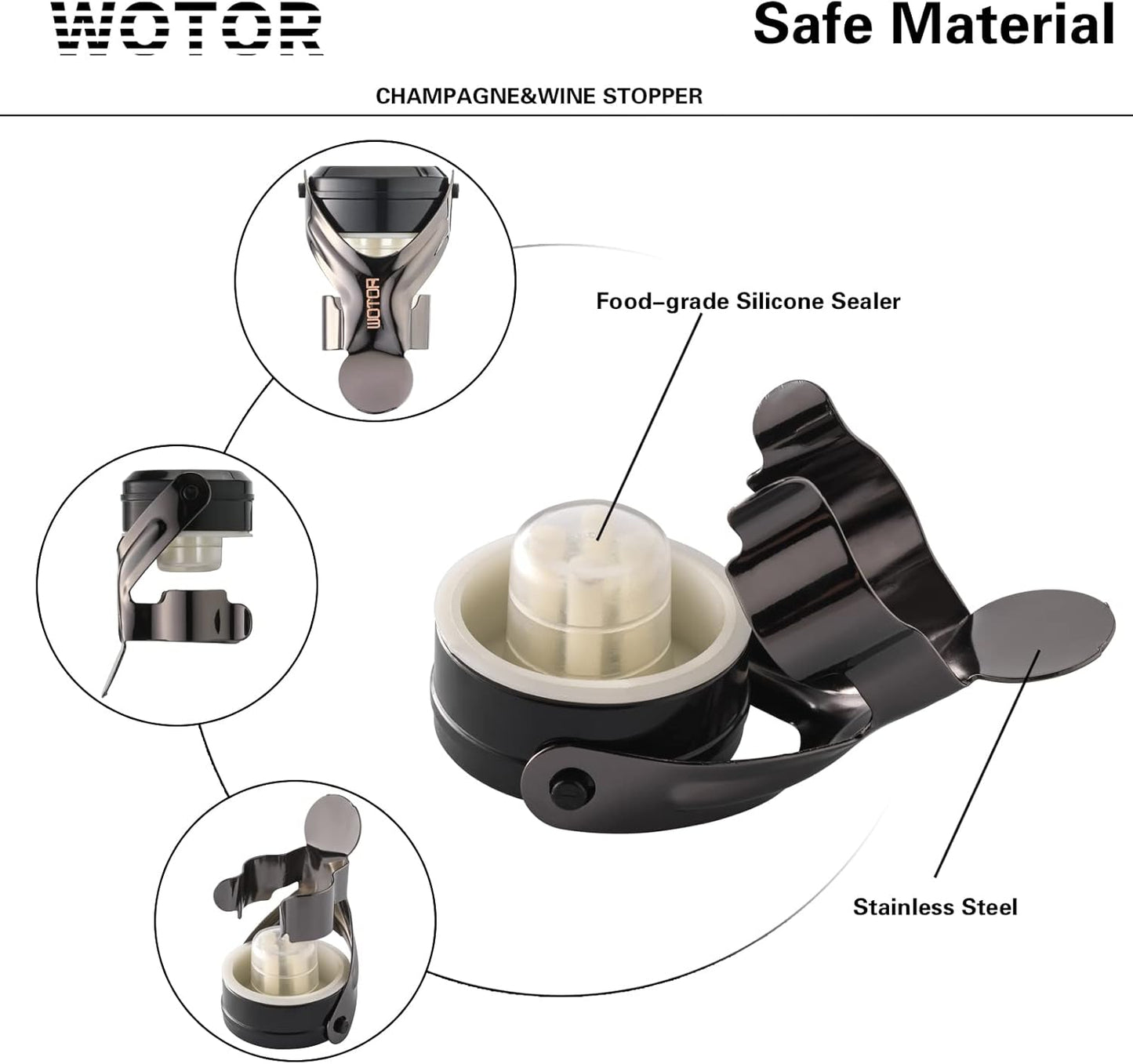 WOTOR Champagne&Wine Bottle Stoppers Stainless Steel with Food Grade Silicone, Leak Proof Keep Fresh Reusable Saver, Cork Suitable for Wine, Champagne, Cava, Prosecco and Sparkling (4 Pack Black）