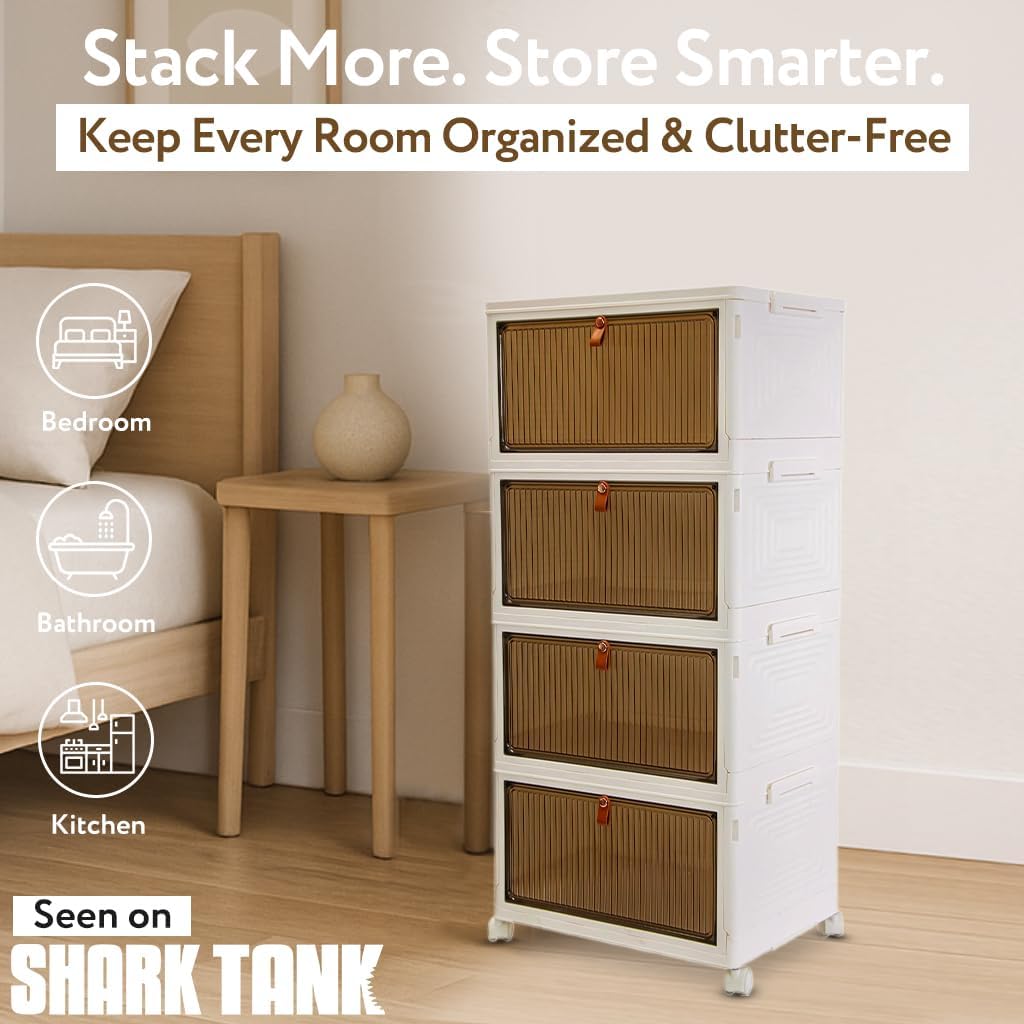 Quik Box 4-Tier Stackable Storage Organizer - 24 Gallon Collapsible Bins with Magnetic Doors | Space-Saving Bedroom & Closet Solution
