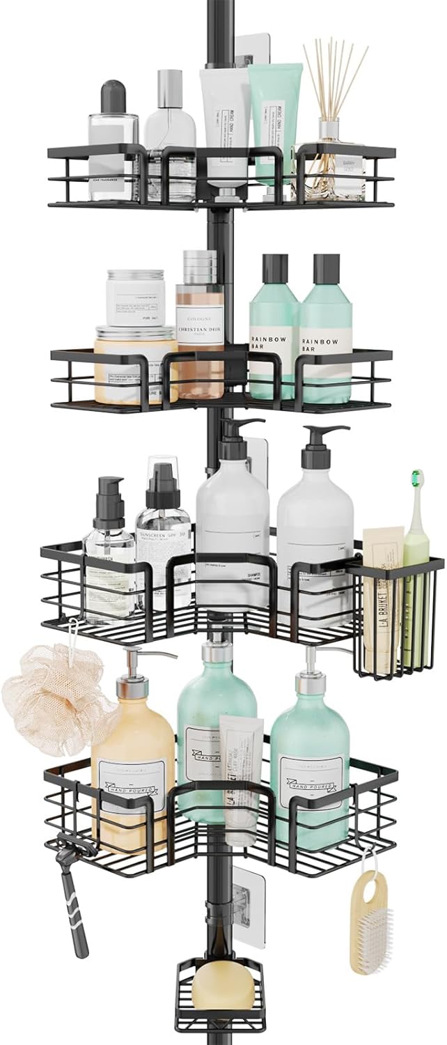 SWTYMIKI Shower Caddy Tension Pole - 4-Tier Adjustable Bathroom Organizer with Soap & Toothbrush Holders | Black 27.6-108.3 Inch