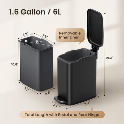 Cesun Stainless Steel Slim Trash Can - 6L Soft Close Lid & Foot Pedal | Black Wastebasket for Bathroom & Office
