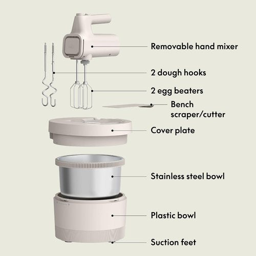 Bella 3.5 Qt Electric Mixer - 2-in-1 Hand & Stand Mixer with Bowl, Dough Hook, Whisk & Egg Beater, 200 Watt, Oatmilk