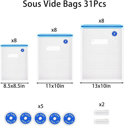 Vacuum Sealer Bags by Sous Vide - 31 Pcs Reusable BPA-Free Food Storage Bags with Clips & Valves