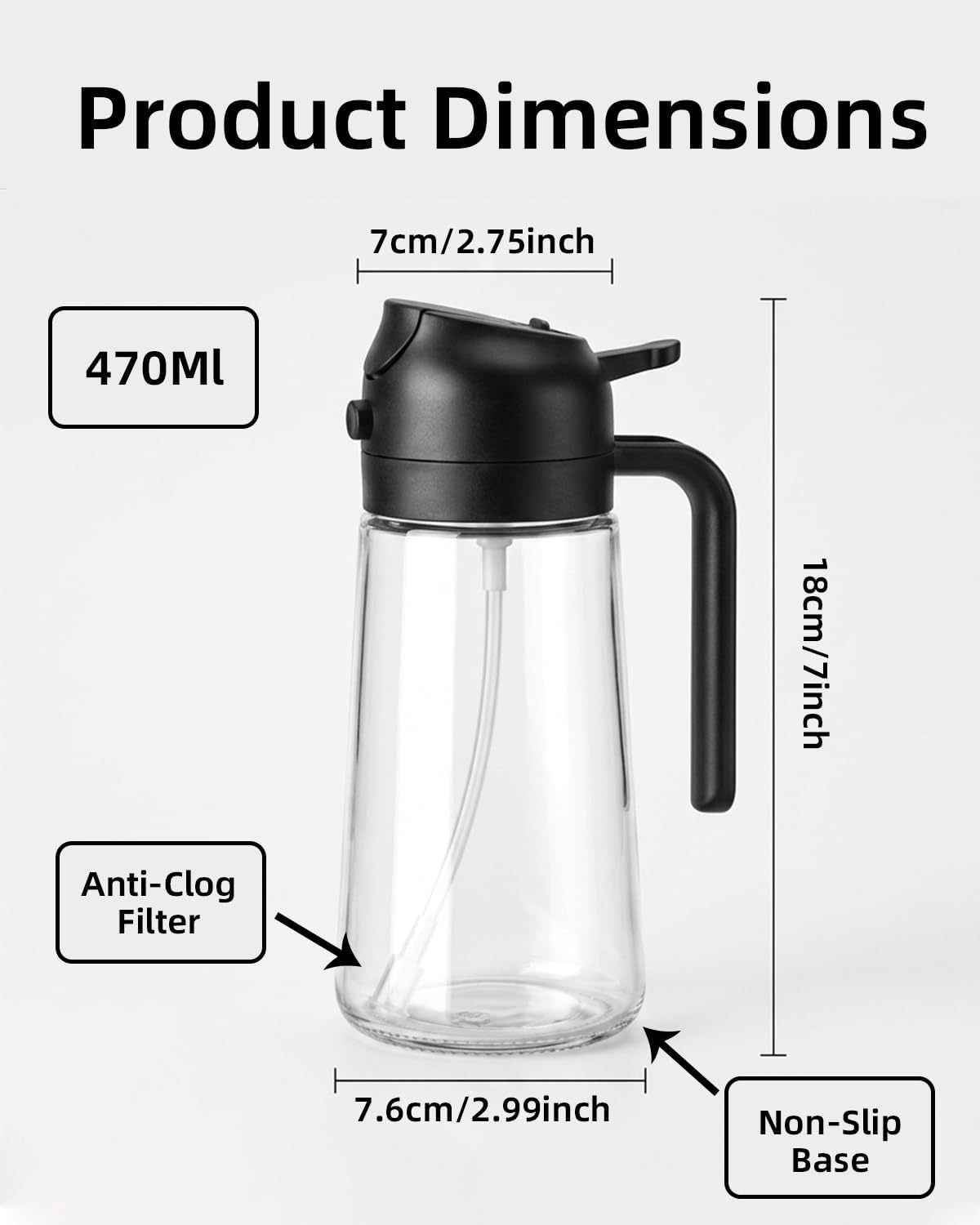 Skiennix 16oz Oil Sprayer - 2 in 1 Food Grade Glass Dispenser for Cooking & BBQ | Black