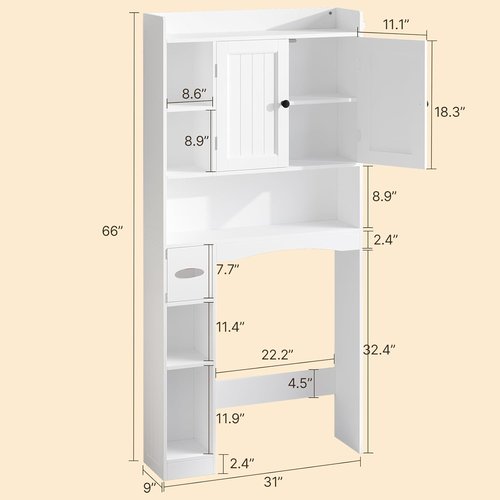 Gizoon Over The Toilet Storage Cabinet - 66'' Tall Bathroom Organizer with 2 Doors & Adjustable Shelf | White