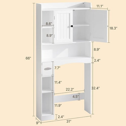 Gizoon Over The Toilet Storage Cabinet - 66'' Tall Bathroom Organizer with 2 Doors & Adjustable Shelf | White