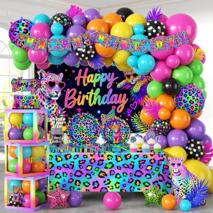 Rainbow Cheetah Birthday Decorations Set with Backdrop, Balloons, Cake Toppers