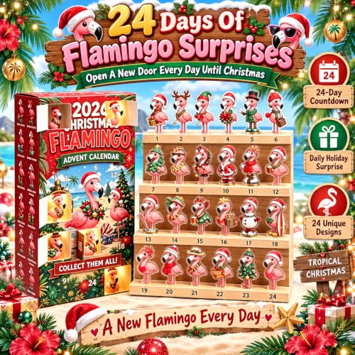 Christmas Flamingo Advent Calendar with 24 Unique 2D Acrylic Figurines - Variation of 1