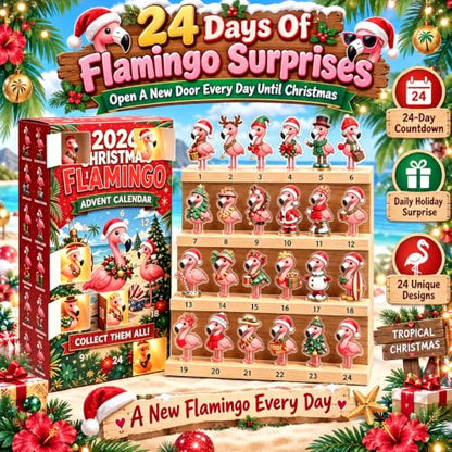 Christmas Flamingo Advent Calendar with 24 Unique 2D Acrylic Figurines - Variation of 1