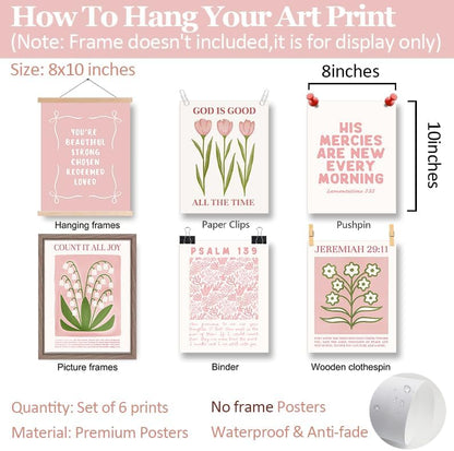 Regine Switzerland 6Pcs Pink Bible Verse Wall Art - Floral Scripture Quotes for Bedroom | 8x10 Inch Unframed