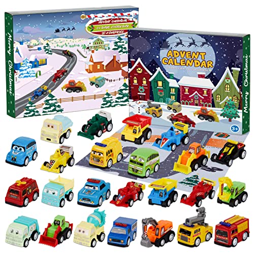 Christmas Advent Calendar with 24 Pull Back Cars - Holiday Countdown Toy for Kids