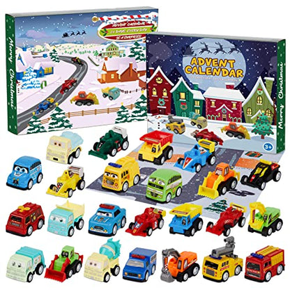 Christmas Advent Calendar with 24 Pull Back Cars - Holiday Countdown Toy for Kids