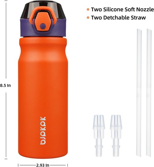 BJPKPK Insulated Water Bottle - 18oz Stainless Steel Flask with Straw & Carry Handle | Orange
