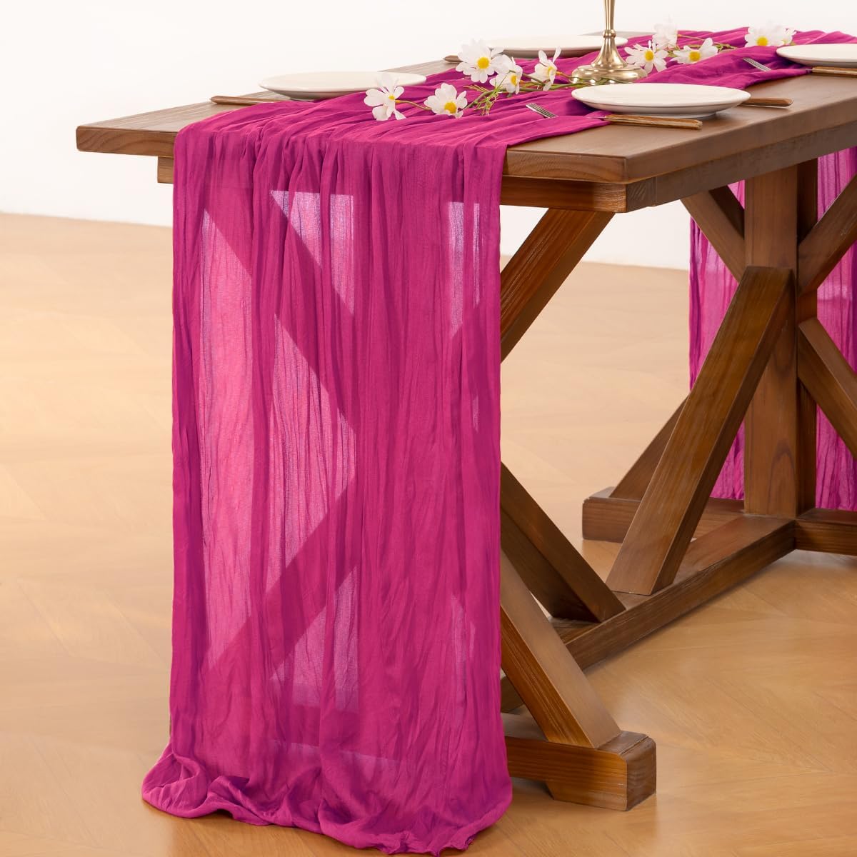 Socomi Hot Pink Cheesecloth Table Runner - 120 Inch Fuchsia Boho Rustic Decor for Weddings & Parties