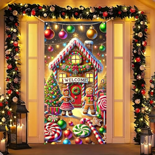 Christmas Gingerbread House Door Cover 35x71 Inch Polyester Holiday Decor