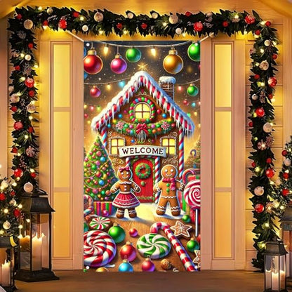 Christmas Gingerbread House Door Cover 35x71 Inch Polyester Holiday Decor