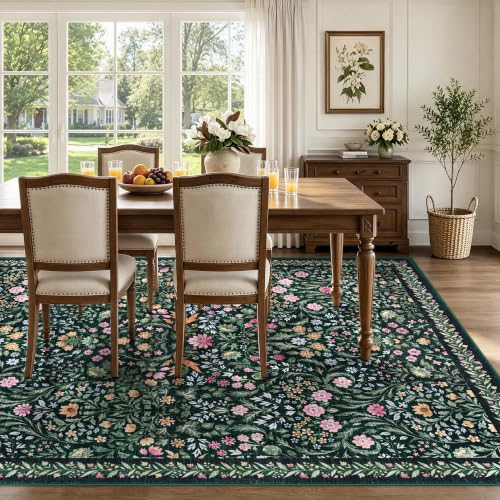 Dark Green 8x10 Boho Floral Washable Rug - Farmhouse & Vintage Style