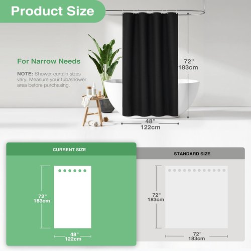 Dynamene Stall Fabric Shower Curtain - 48 inch Wide Waffle Weave Weighted Thick Cloth Shower Curtains for Bathroom, Neutral Heavy Duty Hotel Spa Luxury Bath Curtain Set with 8 Hooks, 48x72, Black