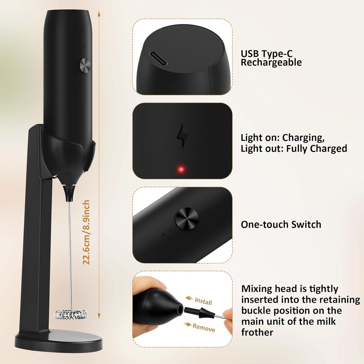 Skiennix Rechargeable Milk Frother - Powerful Handheld USB Type-C Foam Maker | Mini Mixer for Coffee & Lattes