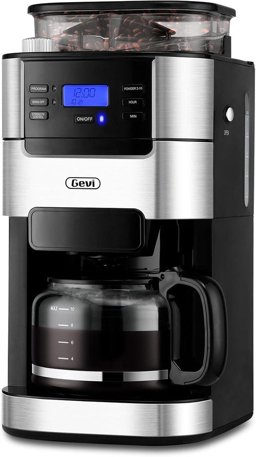 Gevi 10-Cup Drip Coffee Maker - Programmable Brew Machine with Built-in Grinder & Reusable Filter | 1.5L Water Tank