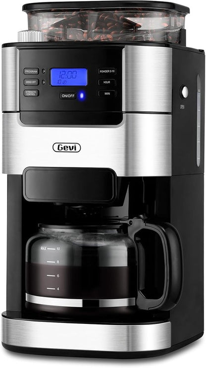 Gevi 10-Cup Drip Coffee Maker - Programmable Brew Machine with Built-in Grinder & Reusable Filter | 1.5L Water Tank