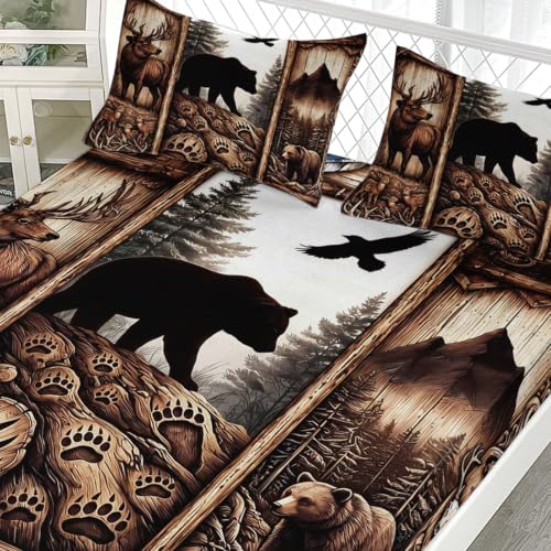 Wildlife Cabin Twin Bedding Set - Microfiber Fitted Sheet & Pillowcases, Black Bear Deer Eagle