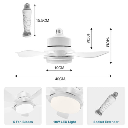 Socket Fan Light, Socket Fan, Socket Fan Light with Remote,Small Ceiling Fans with Lights,Screw in Ceiling Fan in Light Socket for Bedroom, Kitchen, Living Room, Garage (White, 15.8)