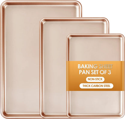 Skiennix Baking Sheet Pan Set of 3 - Nonstick Heavy Duty Cookie Sheets | Easy Clean Rose Gold