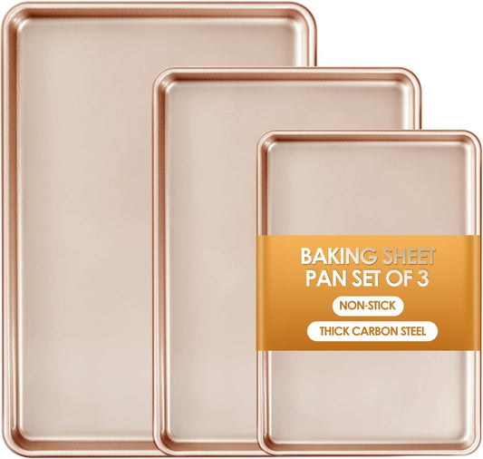 Skiennix Baking Sheet Pan Set of 3 - Nonstick Heavy Duty Cookie Sheets | Easy Clean Rose Gold