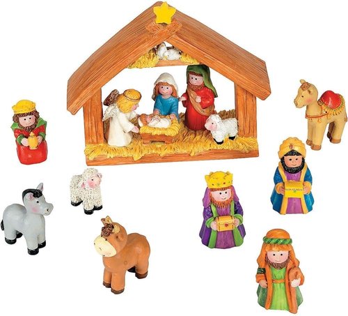 Fun Express Mini Christmas Nativity Set - 9-Piece Stable with Jesus, Mary, Joseph & Wisemen | Red, Blue, Green, Beige, Brown