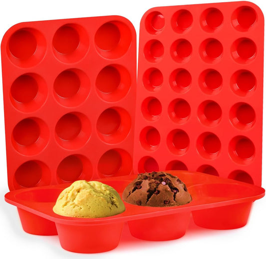 CAKETIME Silicone Muffin Pan Set | 3-Piece Bakeware - Mini 24 Cups, Regular 12 Cups, Jumbo 6 Cups