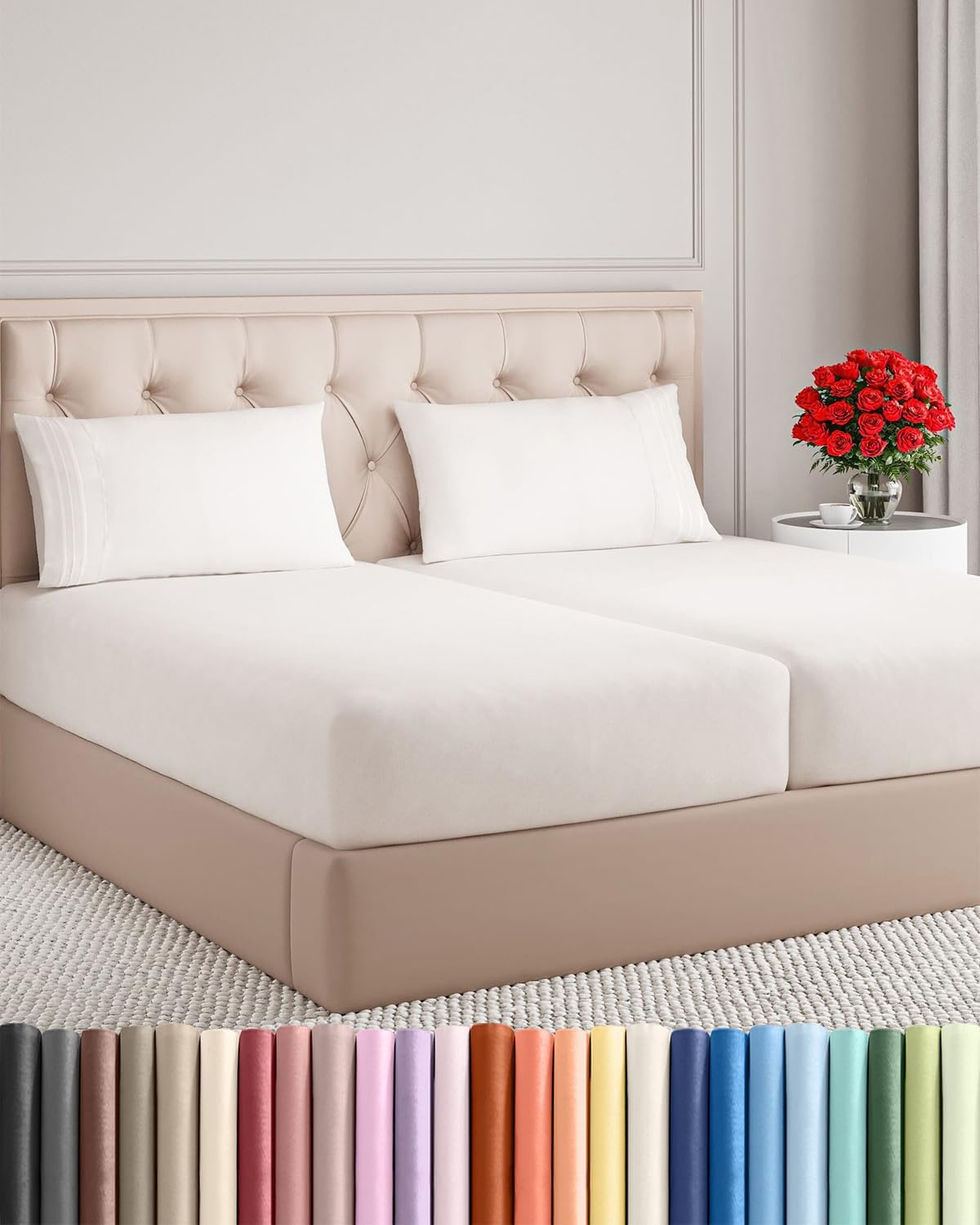 Split King Size 5-Piece Sheet Set | Comfy Cooling Bed Sheets - Luxury Hotel Quality - Deep Pockets, Wrinkle-Free, Oeko-Tex, Antique White