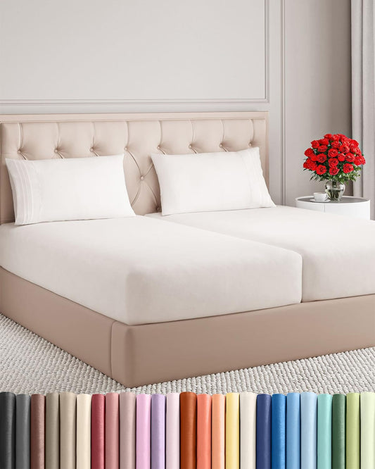 Split King Size 5-Piece Sheet Set | Comfy Cooling Bed Sheets - Luxury Hotel Quality - Deep Pockets, Wrinkle-Free, Oeko-Tex, Antique White