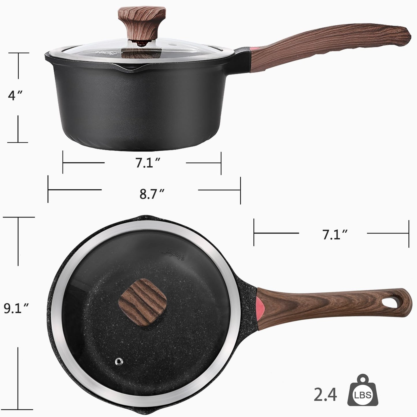 VINCHEF Nonstick Saucepan with Lid, 3QT Sauce Pan with Stay Cool Handle, Non Stick Small Cooking Pots Induction pot, Dishwasher Safe, Compatible for All Stove Top, PFAS and PFOA Free Black