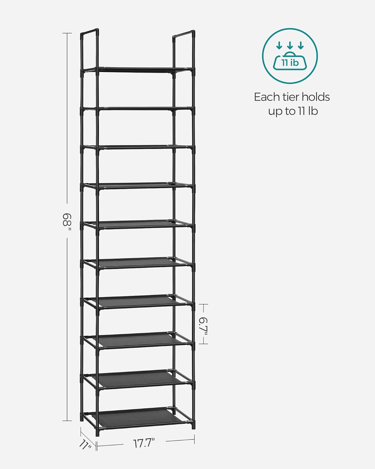 SONGMICS 10-Tier Shoe Rack - Metal Frame Shoe Storage Organizer | 11 x 17.7 x 68 Inches, Black