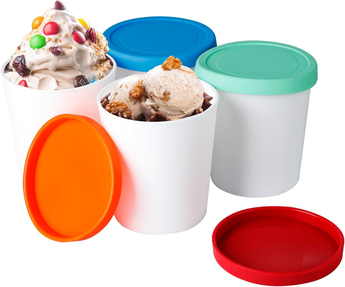 Regine Switzerland Ice Cream Containers - Reusable 1 Quart Storage with Leak-Free Silicone Lids | 4 Pack