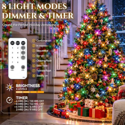 Multicolor LED Christmas Tree Lights 200 Bright Bulbs with Remote - 8 Modes