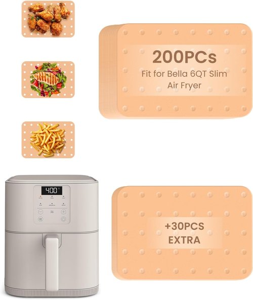 Bella 230PC Air Fryer Paper Liners - Non-Stick Parchment Sheets for Easy Cleanup | 200 Sheets + 30 Extras
