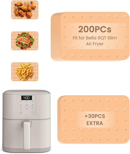 Bella 230PC Air Fryer Paper Liners - Non-Stick Parchment Sheets for Easy Cleanup | 200 Sheets + 30 Extras