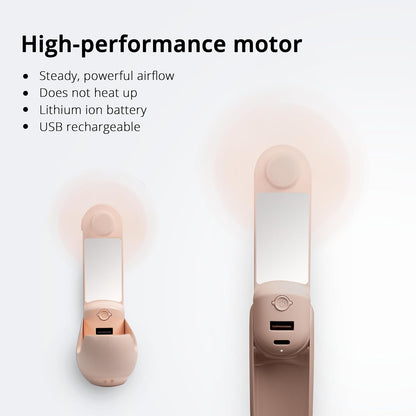 Skiennix 4-in-1 Portable Handheld Fan - USB Rechargeable Cooling Fan with Power Bank & Mirror | Pink