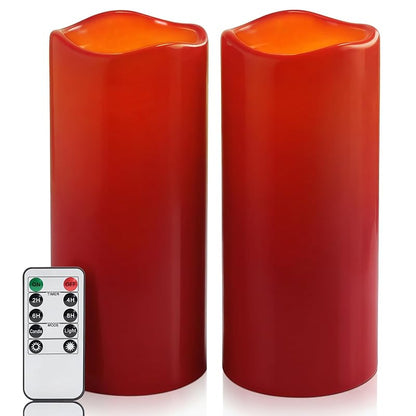 Red Burgundy Outdoor Flameless Candles with Remote, 4x10, Set of 2 (IPX5 Waterproof)