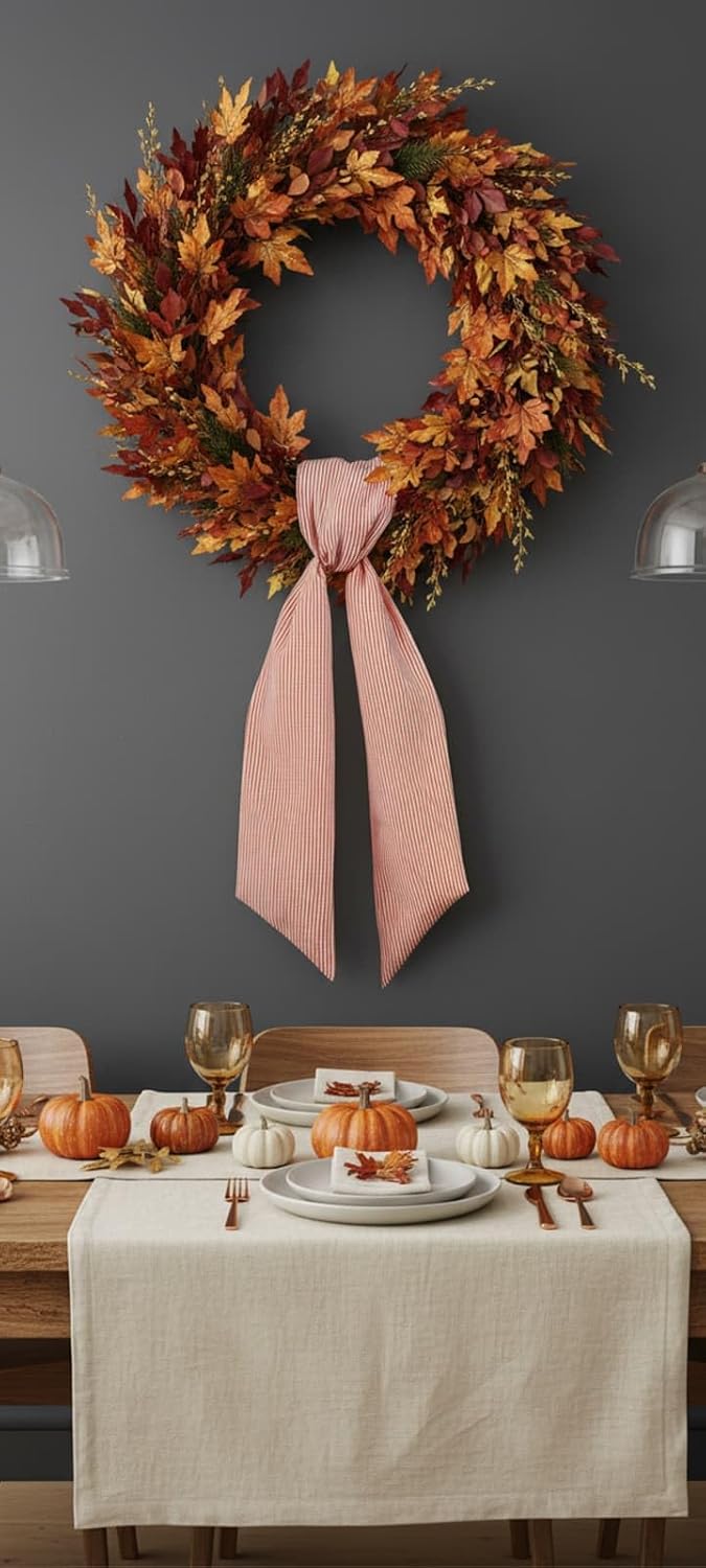 Orange Striped Wreath Sash Set by [Brand Name] - 2 Pack Modern Ribbon Bow for Fall Thanksgiving Decor | 5.12" Wide x 54.33" Each