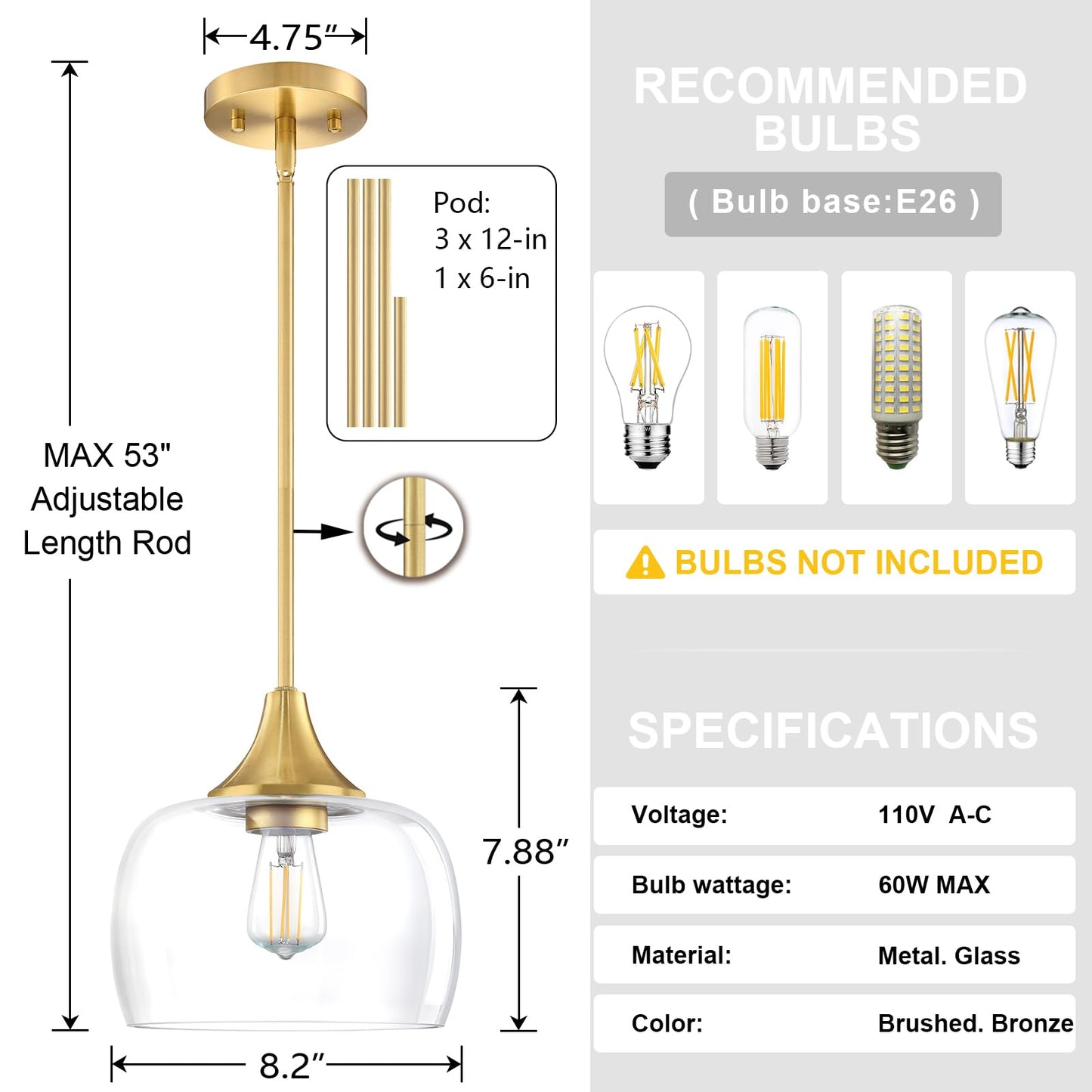 SEENMING HOUSE 2 Pack 1 Light Hanging Indoor Kitchen Island Pendant Ceiling Light 8.2" Drum Clear Glass Shade Fixture,Brushed Bronze Finish Modern Farmhouse Dinning Over Sink Adjustable Rod