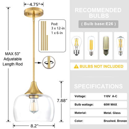 SEENMING HOUSE 2 Pack 1 Light Hanging Indoor Kitchen Island Pendant Ceiling Light 8.2" Drum Clear Glass Shade Fixture,Brushed Bronze Finish Modern Farmhouse Dinning Over Sink Adjustable Rod