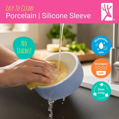 Elk and Friends Kids Porcelain Bowls with Silicone Suction Sleeves | Suitable for Babies/Toddlers | Microwave & Dishwasher Safe | Stay Put Dinnerware | Snack Dishes | 4 Pack