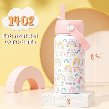 Fimibuke Kids Insulated Water Bottle - 14oz BPA-Free Stainless Steel Tumbler | Leak-Proof Design, Rainbow