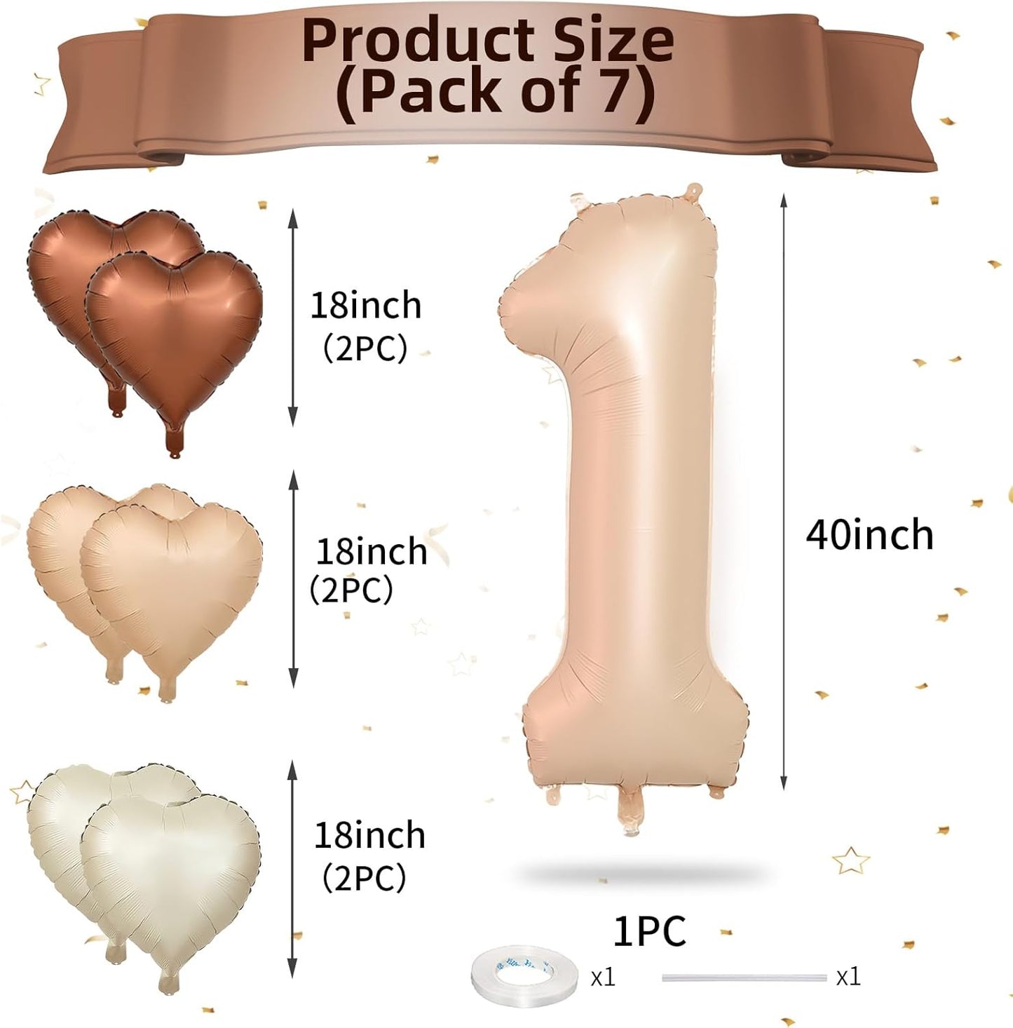 Biapian 40-Inch Light Brown Number 1 Balloon - Caramel & Cream Foil Heart for 1st Birthday Decor
