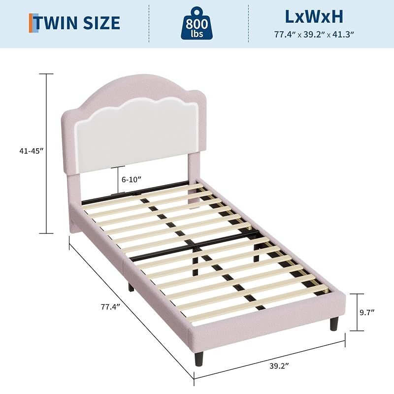 GarveeTech Twin Bed Frame with Velvet Upholstered Headboard — Pink, Without Drawer